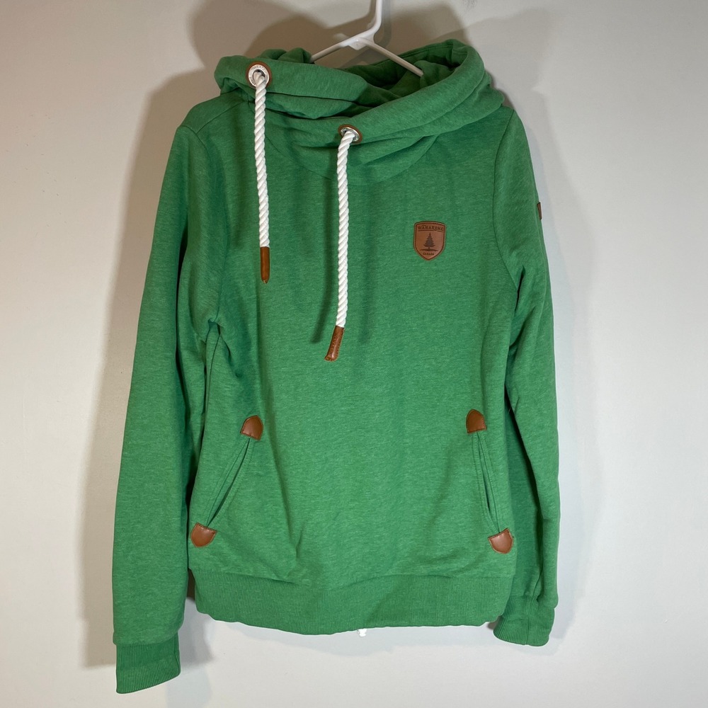 Wanakome Artemis Emerald Green Hoodie Womens L Vegan Leather Accents Cowl Neck